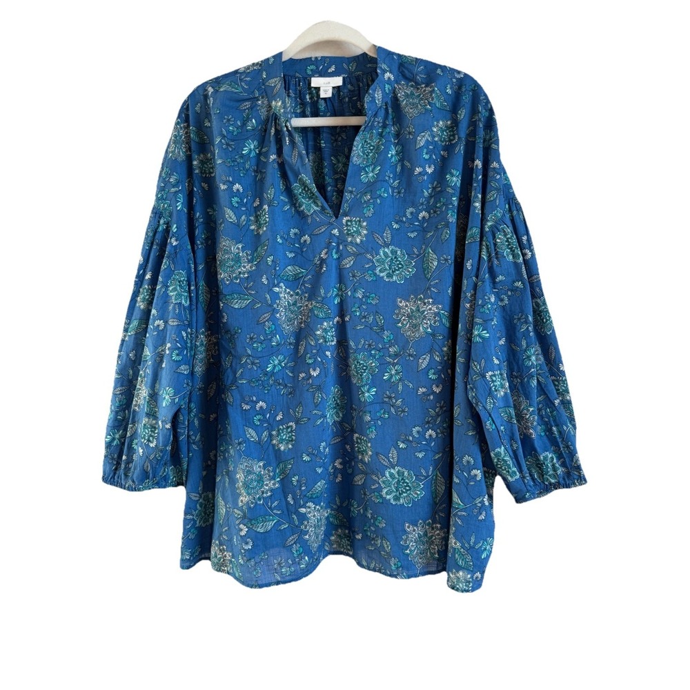 J.Jill Royal Blue Floral Cotton Puff Sleeves Oversized Split-Neck Top Women's XL